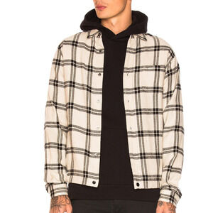 John Elliott Men's Button up Switch Overshirt in Bone Plaid Cotton Size 2